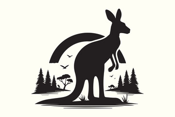 Black and White Kangaroo silhouette vector illustration.