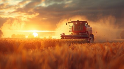 Obraz premium A combine harvester is seen harvesting soybean crops in a field during a picturesque sunset, with dust trailing behind it, creating a serene and bountiful agricultural scene.