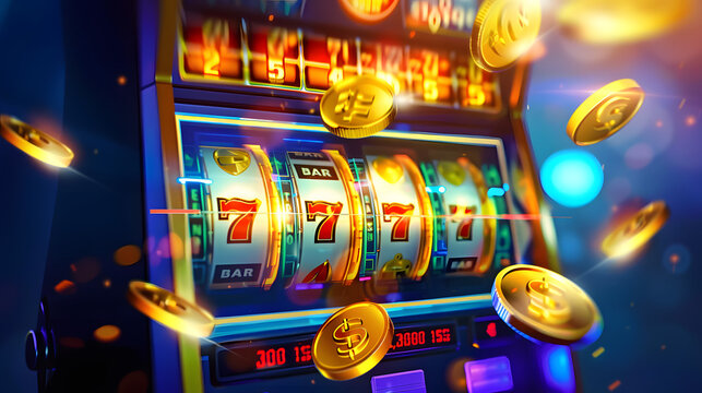 Slot machine flying over three golden coins