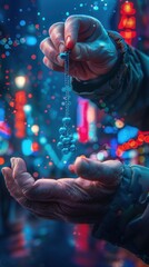 Close-up of a craftsperson's hands threading a piece of jewelry, set against a vibrant, blurred city background illuminated by colorful lights.