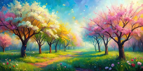 Abstract spring oil painting with vibrant colors and soft brush strokes , nature, art, background, colorful