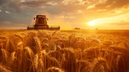 Fototapeta premium Combine harvester at dusk in a golden wheat field, transferring grain to a tractor, silhouette