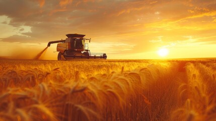 Fototapeta premium Combine harvester at dusk in a golden wheat field, transferring grain to a tractor, silhouette