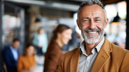 Obraz premium A smiling businessman with gray hair and a beard stands in an office lobby, dressed in a brown blazer. Colleagues are seen in the background engaging in discussions.