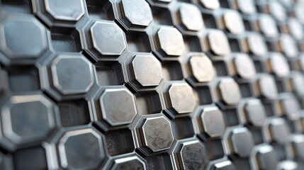 Fototapeta premium Detailed shot of a contemporary hexagon metal grid, showcasing sleek design and architectural precision