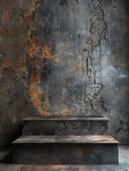 Rustic concrete wall with weathered metal steps for product display.