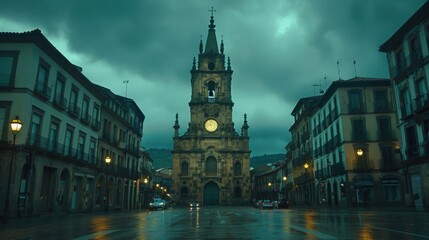 Obraz premium A historic building with a clock tower stands in the center of a cloudy and rainy town square in La Coruña, Galicia, Spain.