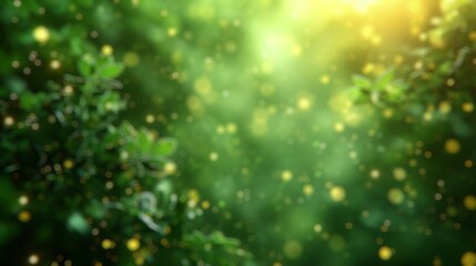 Blur background of sunlit foliage with green leaves and bokeh background. Macro photography with...