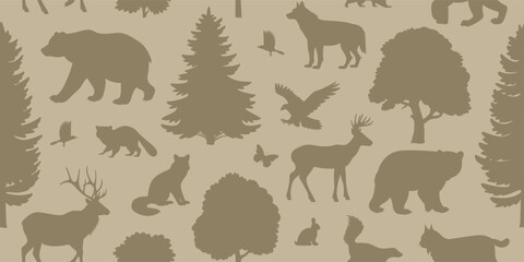 Animals and trees seamless pattern design. Vector brown silhouette illustration of forest wildlife. Wild nature graphic wallpaper.