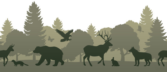 Animals, trees seamless border. Vector green silhouette illustration of forest panorama wildlife on white background. Wild nature graphic landscape. Horizontal banner, not merged, separate elements. © Anastasiia Neibauer