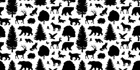Animals and trees seamless pattern design. Vector black silhouette illustration of forest wildlife on white background. Wild nature graphic wallpaper.
