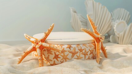 Summer beach themed product display with seashells and starfish.