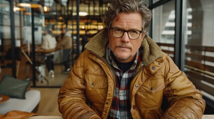 Fototapeta premium A middle-aged tech professional wearing a brown jacket and glasses is seated in a modern office space with glass walls and wooden elements.