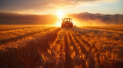 Fototapeta premium A tractor is baling wheat in a field at sunset, casting long shadows and creating a picturesque scene with golden light and dusty trails.