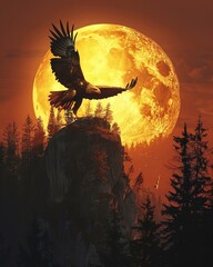 Fototapeta premium Eagle landing on a mountain peak, sunrise background, realistic style, symbolizing strength and freedom