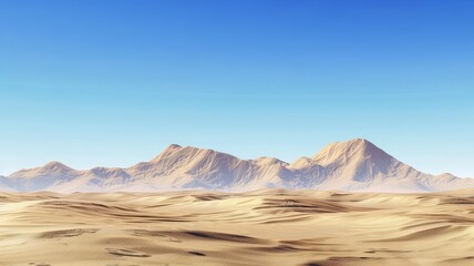 Peaks rise from the sandy expanse. The desert mountains stand tall against the clear blue sky.