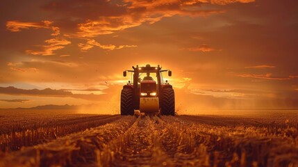Fototapeta premium A tractor is harvesting soybean crops in a field during a beautiful sunset, with dramatic orange and yellow hues lighting up the sky and landscape.