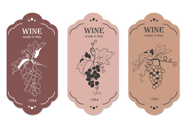 set of wine label designs minimalistic and modern design in powdery shades. Image of grape bunches
