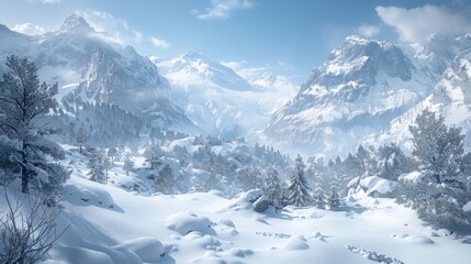 Obraz premium A breathtaking view of a highland landscape in the Swiss Alps, showcasing snowy peaks, pine trees, and a serene winter environment under a clear blue sky.