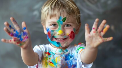 Happy little boy playing with paint