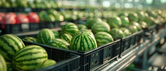 Closeup of watermelons in black crates moving along a conveyor line, focus on the vibrant green stripes and smooth surfaces of the melons, organized and welllit processing plant, Photorealistic, Highr - Powered by Adobe