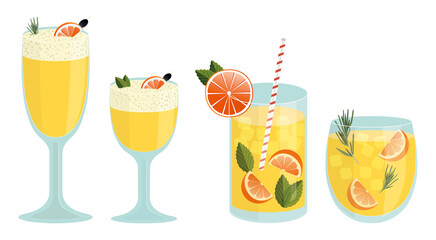 Set of orange cocktails in sour, collins, rolling tumbler glasses.  With mint, rosemary, ice, tube, fruit pieces. For bar, party, summer, beach.