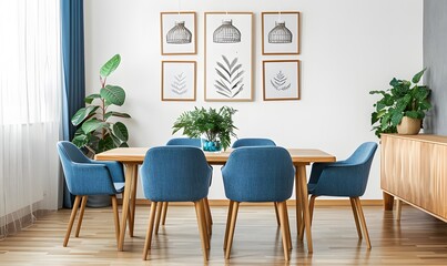 Blue chairs around a wooden dining table in a white room with a sideboard and plants. Scandinavian home interior design ai generative