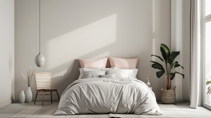Stylish minimalist bedroom with minimalist furniture and muted colors, providing a peaceful retreat from the hustle and bustle