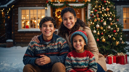 Naklejka premium a smiling and happy multiethnic family hugging under the christmas tree outdoors in the snow on christmas eve