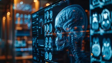 computed tomography of the human brain, black and blue images. people and health. medical examination.