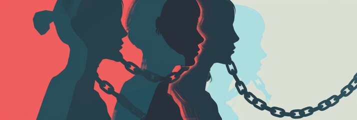 International Day against trafficking in person. Silhouettes of people chained. Day for the remembrance of the slave trade and its abolition concept. Horizontal banner