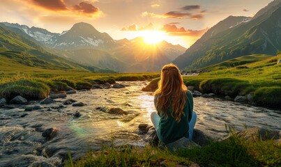 Woman embracing nature by a mountain stream at sunset.