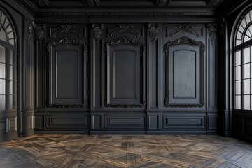 Modern classic black color empty interior with wall panels, white moldings and wooden floor. 3d...
