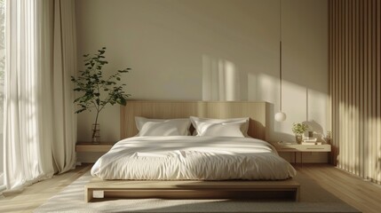 Tranquil minimalist bedroom with clean lines and neutral tones, offering a serene space for relaxation