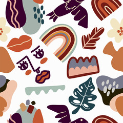 Abstract Seamless Pattern with different figures, palm trees. Textile design