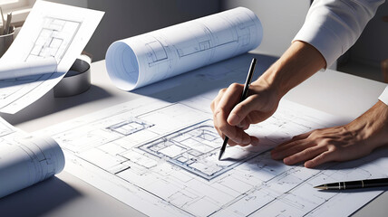 Crop architect opening blueprint illustration