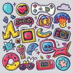 Fototapeta premium set of funny cartoon monsters,Gaming supplies colorful set of doodles on white background Generative AI, 