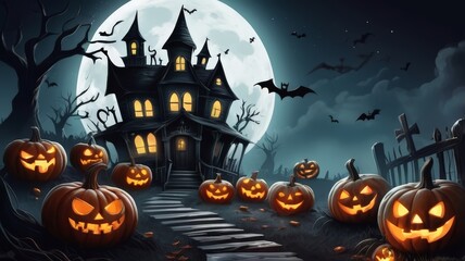 Haunted house at Halloween with moon and bats at night as scary background illustration. Halloween Spooky House