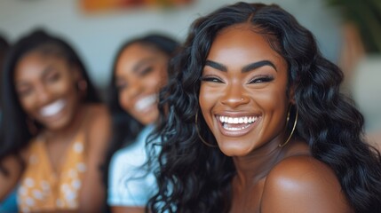 A young businesswoman is joyfully laughing during a meeting. She has long, wavy hair and gold hoop earrings. There are other people in the background, also smiling.