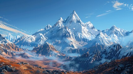 Obraz premium A majestic stretch of snow clad mountains extends across the tranquil expanse of towering peaks with their rugged summits reaching into the clear blue sky