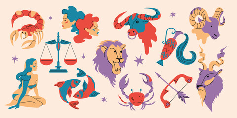 Zodiac signs, horoscope icons set. Astrology symbols. Twelve astrological avatars. Modern flat vector illustrations isolated on beige background.