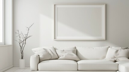 Minimalist living room interior design with white sofa, decorative pillows, large empty picture frame, and plant in a bright, airy space