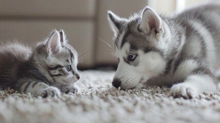 Obraz premium Portrait of a Husky dog with a cat