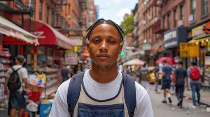 Fototapeta premium An African American male with a serious and dreamy expression stands in an urban street, bustling with people and vibrant storefronts in the background.