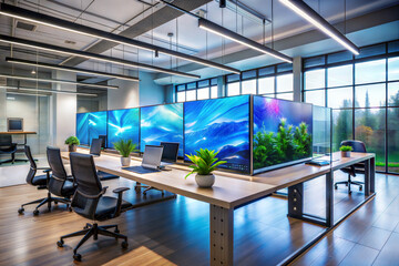 Modern Office Workspace With Large Screens and Natural Light