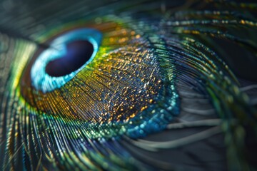 Naklejka premium Experience the intricate texture and vivid colors of a peacock feather in this immersive 3D visualization.