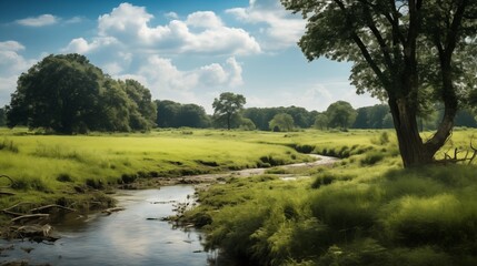 Fototapeta premium A Serene Summer Landscape with a Flowing River and Lush Green Meadow