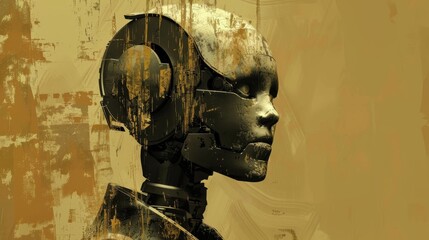 Futuristic robot portrait with abstract golden background, showcasing advanced technology and cyberpunk aesthetics in digital art.