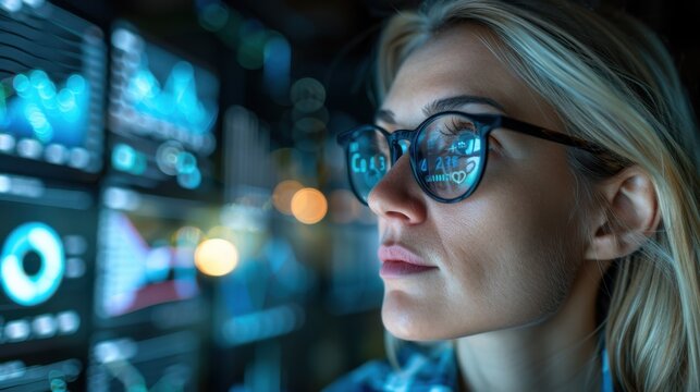 A businesswoman wearing glasses intently examines an investment chart displayed on a computer screen. The image reflects a high-tech, analytical environment.