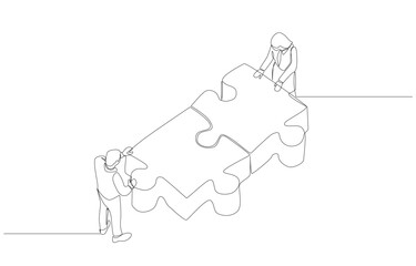 Continuous one line drawing of businessman and businesswoman connecting jigsaw puzzle, business cooperation, partnership to carry out project together concept, single line art.